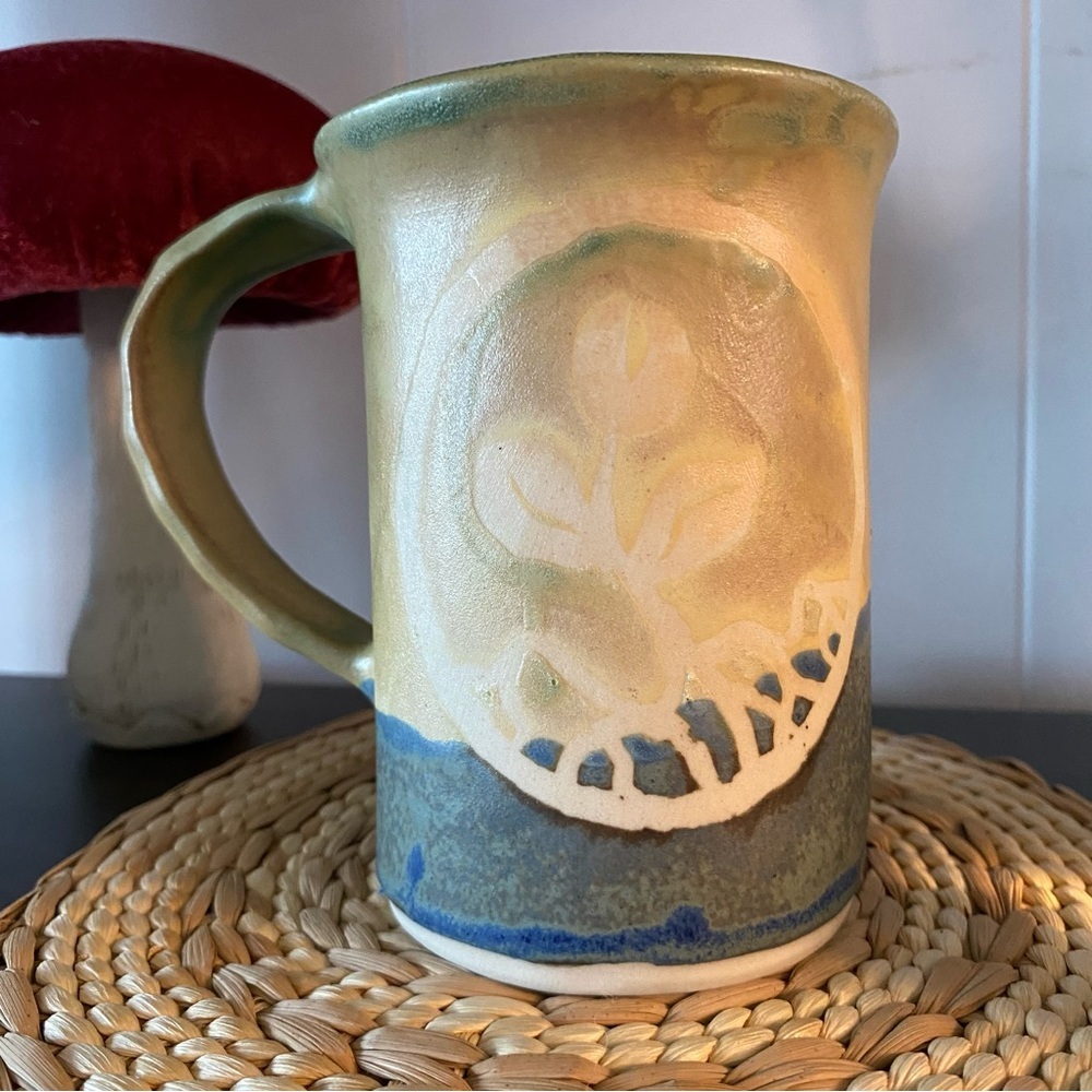 Vintage Hugh Crosby Pottery Mug Handmade Flower Tulip Blue Green Nova Scotia Art